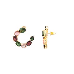 Orecchini a semicircolo in oro 18k con tourmaline naturali multicolori, stile contemporaneo, 18,09 ctw