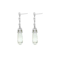 Art Deco Style Natural Green Amethyst Briolette & Diamond Drop Earrings 18K Gold