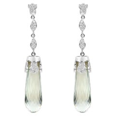 Art Deco Style Natural Green Amethyst Briolette & Diamond Drop Earrings 18K Gold