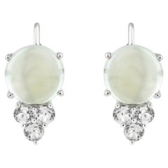 Modern Natural Green Amethyst Cabochon & Diamond Cluster Stud Earrings 18K Gold