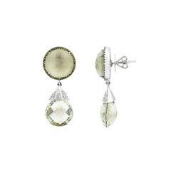 Modern Green Amethyst Cabochon Halo & Diamond 18K Gold Briolette Drop Earrings