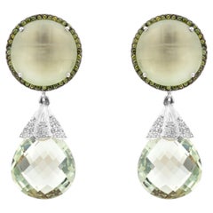 Modern Green Amethyst Cabochon Halo & Diamond 18K Gold Briolette Drop Earrings