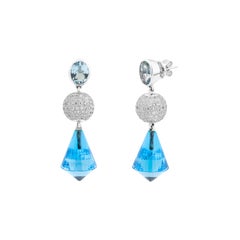 Modern Blue Topaz Diamond Pavé Ball Drop Earrings with Cone Details in 18K Gold