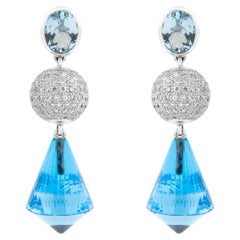 Modern Blue Topaz Diamond Pavé Ball Drop Earrings with Cone Details in 18K Gold