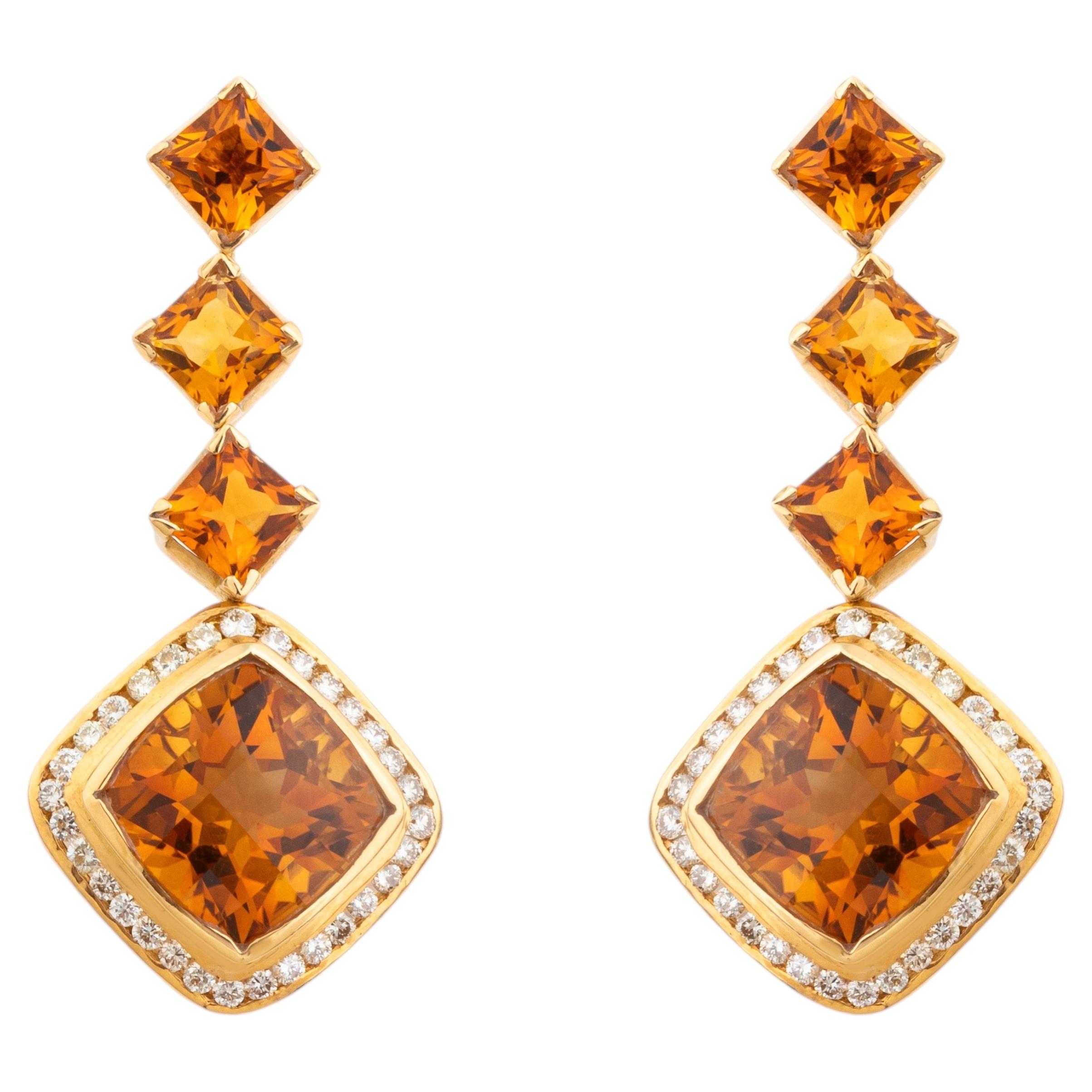 Retro Style Golden Topaz & Diamond Halo Cushion Drop Earrings in 18 Carat Gold