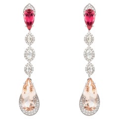 Boucles d'oreilles pendantes de style moderne en or 18 carats, avec tourmaline rose, morganite et diamants, montées en halo