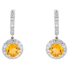Orecchini pendenti a barra con topazio dorato taglio rotondo e diamanti a corona, in oro 18 carati, stile moderno