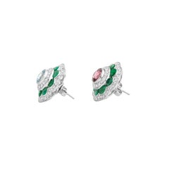 Art Deco Bi-Color Tourmaline, Emerald & Diamond Flower Stud Earrings in 18k Gold