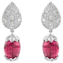 Orecchini pendenti in stile vintage con tourmalina rosa naturale e diamanti taglio rosa a grappolo