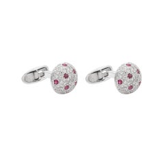 Pair of Vintage 18K White Gold Round Diamond and Ruby Pavé Set Dome Cufflinks