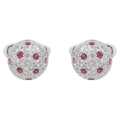Pair of Vintage 18K White Gold Round Diamond and Ruby Pavé Set Dome Cufflinks
