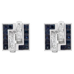 Pendientes geométricos de estilo Art Déco con zafiros azules y diamantes, en oro blanco de 18 quilates