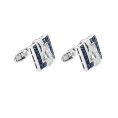 Pendientes geométricos de estilo Art Déco con zafiros azules y diamantes, en oro blanco de 18 quilates
