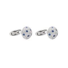 Edwardian Style Real Diamond and Sapphire Pavé Dome Cufflinks in 18K White Gold