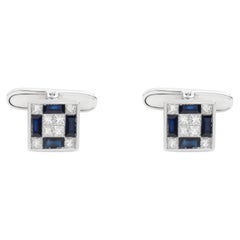 Gemelli in oro 18 carati con zaffiro blu e diamanti naturali disposti a scacchiera in stile Art Déco