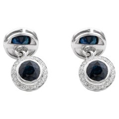 Vintage Blue Sapphire and Pavé Diamond Halo Dangle Cufflinks in 18K White Gold