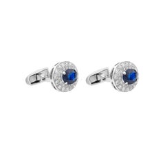 Coppia di gemelli con doppio alone di zaffiro blu ovale e diamanti naturali in oro bianco 18 carati