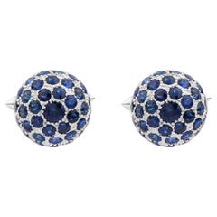 Round Cut Natural Blue Sapphire Pavé Set Dome Cufflinks Pair in 18K White Gold