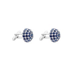 Round Cut Natural Blue Sapphire Pavé Set Dome Cufflinks Pair in 18K White Gold