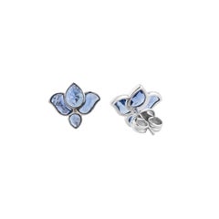 Vintage Art Deco Floral Stud Earrings 18K White Gold Blue Sapphire Faceted Motif