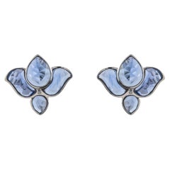 Vintage Art Deco Floral Stud Earrings 18K White Gold Blue Sapphire Faceted Motif