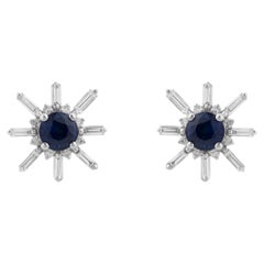 Blue Sapphire Diamond Sunburst Stud Earrings in 18K White Gold Geometric Design