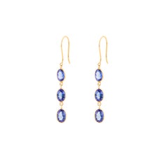Contemporary Oval-Cut Blue Sapphire Three-Stone Drop Earrings in 18K Yellow Gold