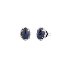 Oval Cabochon Blue Sapphire Halo Stud Earrings in 18K White Gold Diamond Border