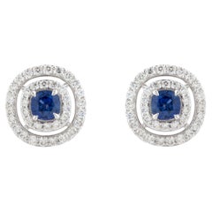 Cushion Cut Natural Blue Sapphire and Diamond Double Halo Stud Earrings 18K Gold