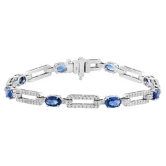 Bracciale a maglie in oro bianco 18 carati in stile Art Déco con zaffiro blu taglio ovale e diamanti