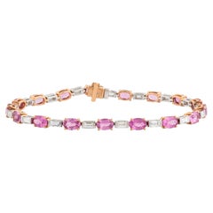 Classic Oval Pink Sapphire & Baguette Diamond Tennis Bracelet 18k Two Tone Gold