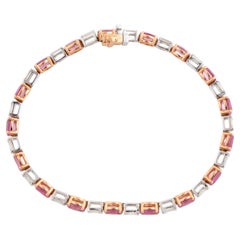 Classic Oval Pink Sapphire & Baguette Diamond Tennis Bracelet 18k Two Tone Gold
