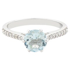 Classic 0.77 Ct Natural Aquamarine Solitaire Ring with Pave Diamond in 18K Gold