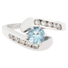 Blue Aquamarine Solitaire Bypass Ring with Channel Set Diamonds 18K White Gold