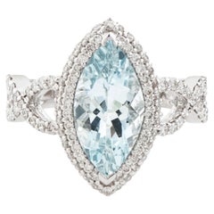 Marquise Aquamarine & Diamond Halo Ring with Twisted Shoulders in 18K White Gold