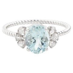 Classic Oval Aquamarine & Pear-Cut Diamond Ring with Twisted Band 18K White Gold