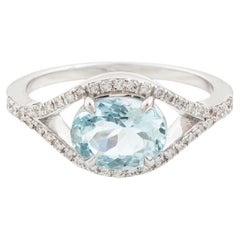 Oval-Cut Natural Aquamarine Ring with Eye-Shaped Diamond Halo in 18K White Gold