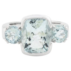 Three Stone Aquamarine Ring with Cushion Center Stone in 18K White Gold