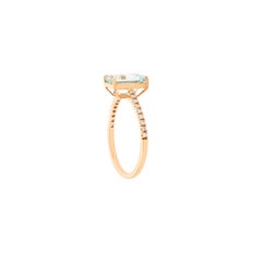 Minimalist Emerald Cut Aquamarine Solitaire Ring with Pavé Diamonds in 18K Gold