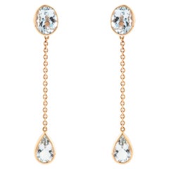 Bezel Set Oval & Pear Cut 5.38CT Aquamarine Chain Drop Earrings in 18K Rose Gold