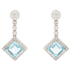 Art Deco Style Kite Set Blue Aquamarine and Diamond Halo Drop Earrings 18K Gold