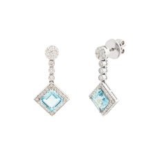 Art Deco Style Kite Set Blue Aquamarine and Diamond Halo Drop Earrings 18K Gold