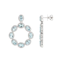 Contemporary Oval Aquamarine Circle Drop Earrings with Diamond Halos in 18K Gold
