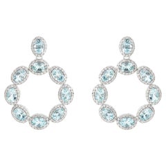 Contemporary Oval Aquamarine Circle Drop Earrings with Diamond Halos in 18K Gold