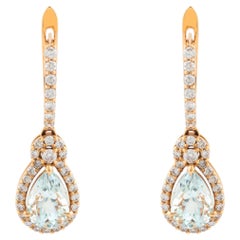 Vintage Style Pear-Cut Aquamarine and Diamond Hoop Drop Earrings 18K Rose Gold