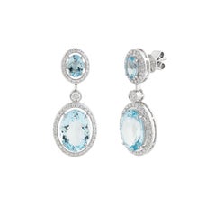 Statement Oval-Cut Aquamarine and Natural Diamond Halo Drop Earrings in 18K Gold