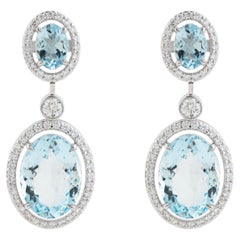Statement Oval-Cut Aquamarine and Natural Diamond Halo Drop Earrings in 18K Gold