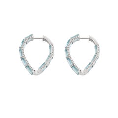 Emerald Cut Blue Aquamarine & Diamond Inside Out Hoop Earrings in 18K White Gold