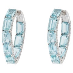 Emerald Cut Blue Aquamarine & Diamond Inside Out Hoop Earrings in 18K White Gold