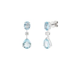 Classic Two Stone Aquamarine & Natural Diamond Drop Earrings in 18K White Gold